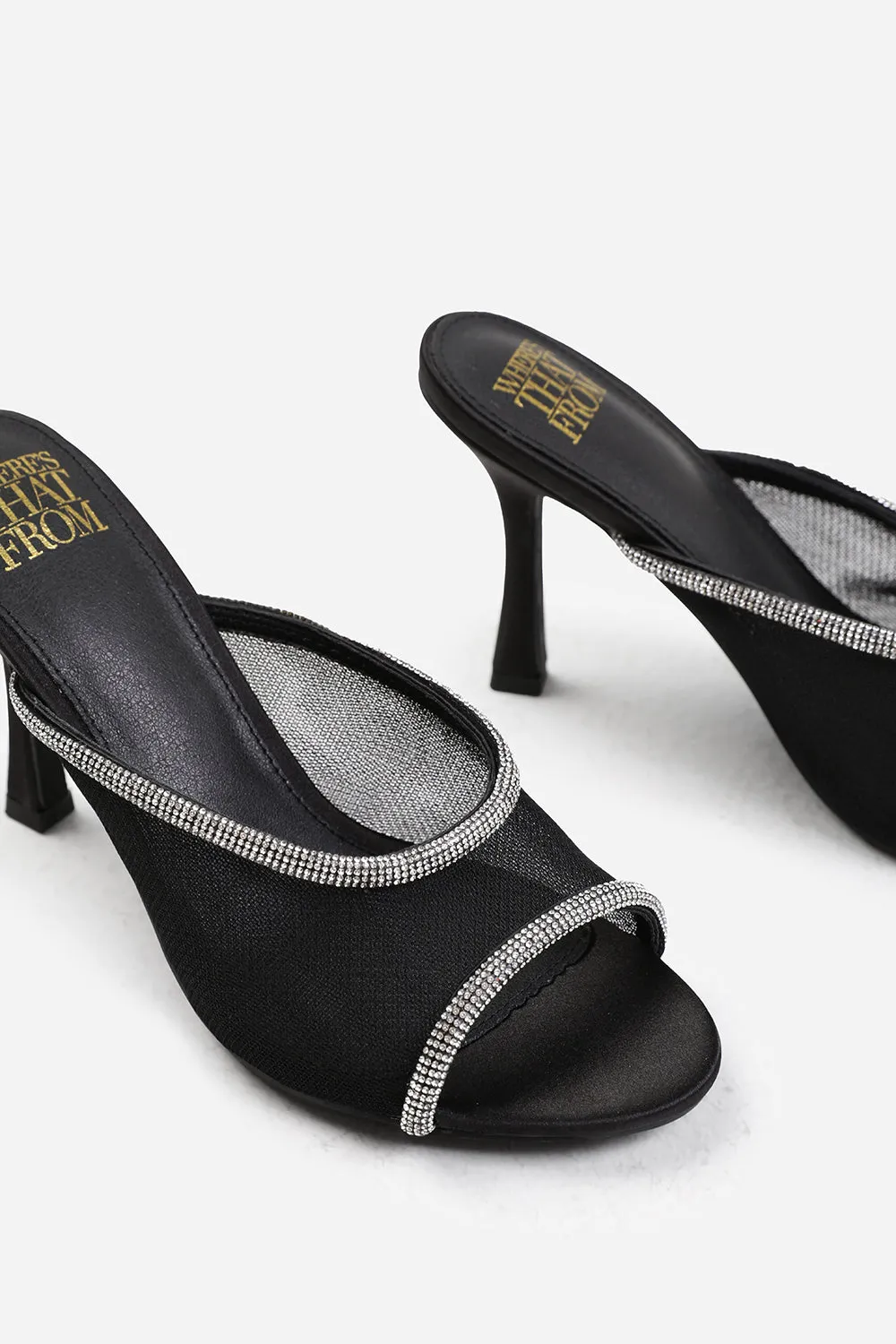 ANNIE OPEN TOE MULES WITH CRYSTAL TRIM IN BLACK SATIN
