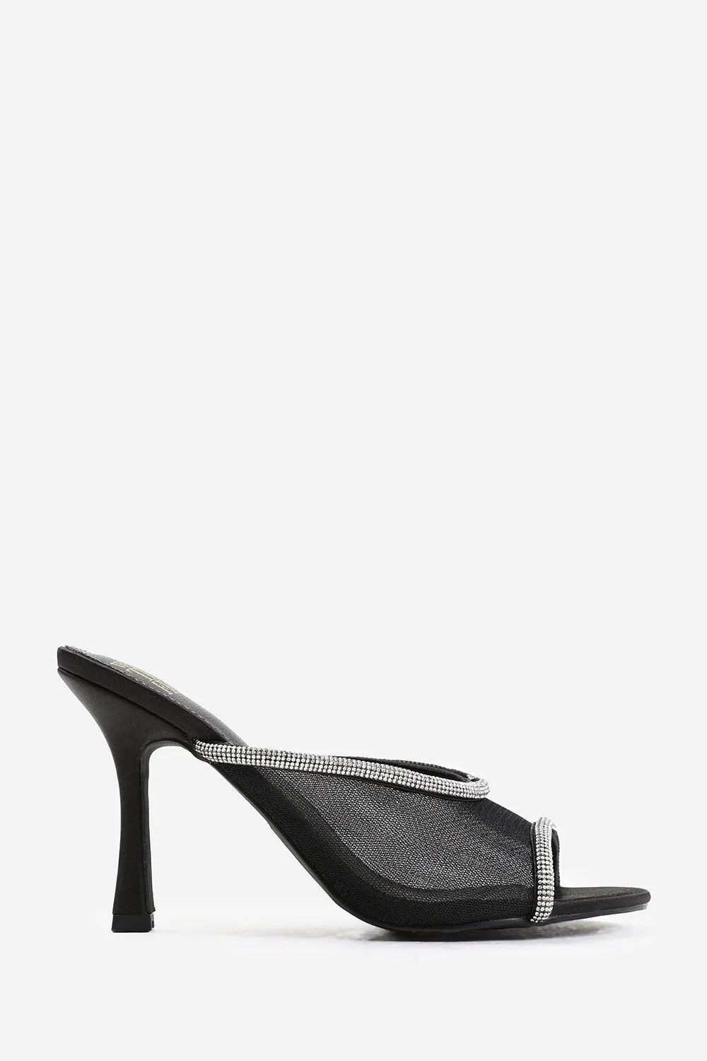 ANNIE OPEN TOE MULES WITH CRYSTAL TRIM IN BLACK SATIN