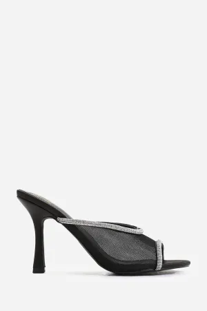 ANNIE OPEN TOE MULES WITH CRYSTAL TRIM IN BLACK SATIN