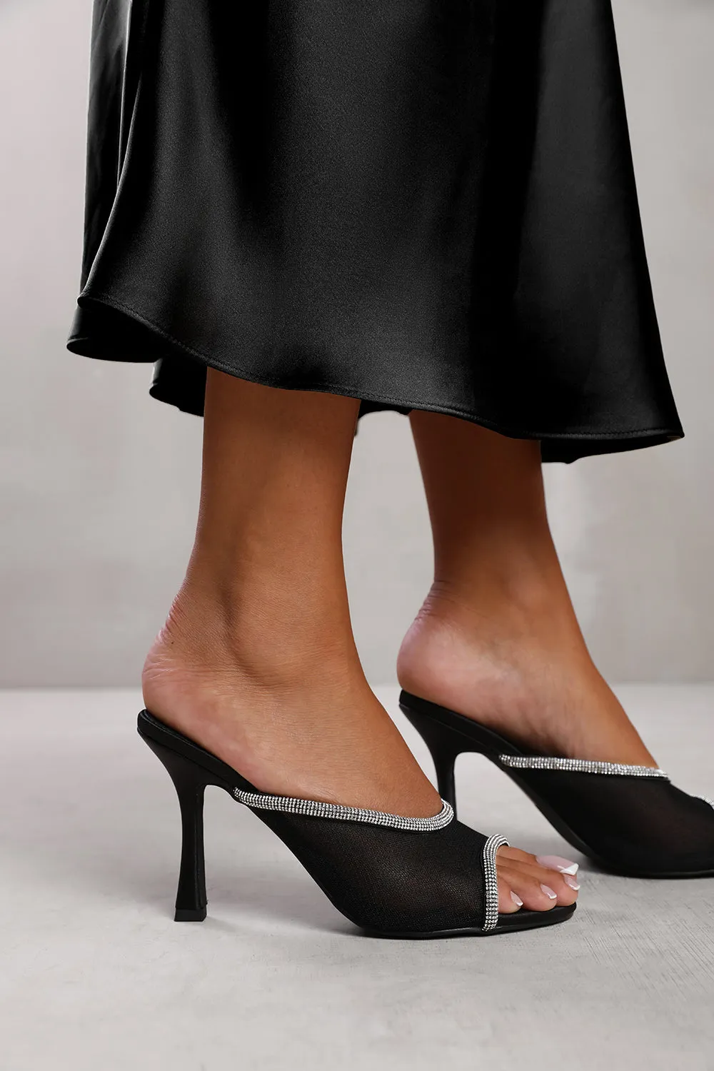 ANNIE OPEN TOE MULES WITH CRYSTAL TRIM IN BLACK SATIN