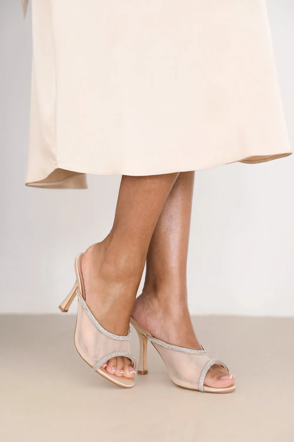 ANNIE OPEN TOE MULES WITH CRYSTAL TRIM IN CREAM SATIN