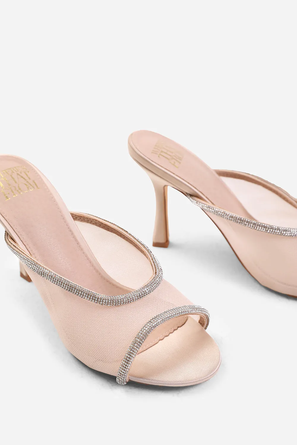 ANNIE OPEN TOE MULES WITH CRYSTAL TRIM IN CREAM SATIN