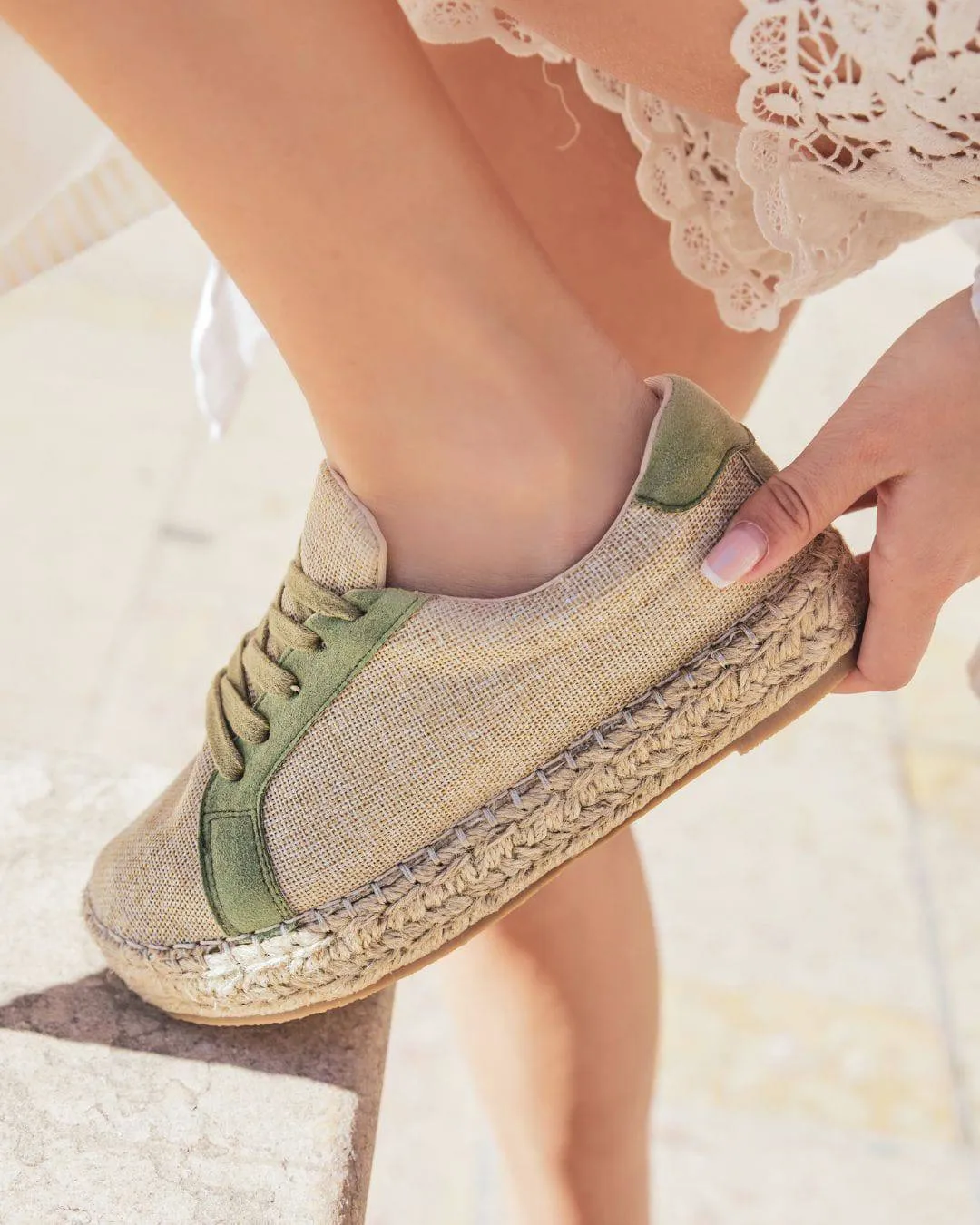 Basket espadrille femme beige et kaki à lacets - Jennifer
