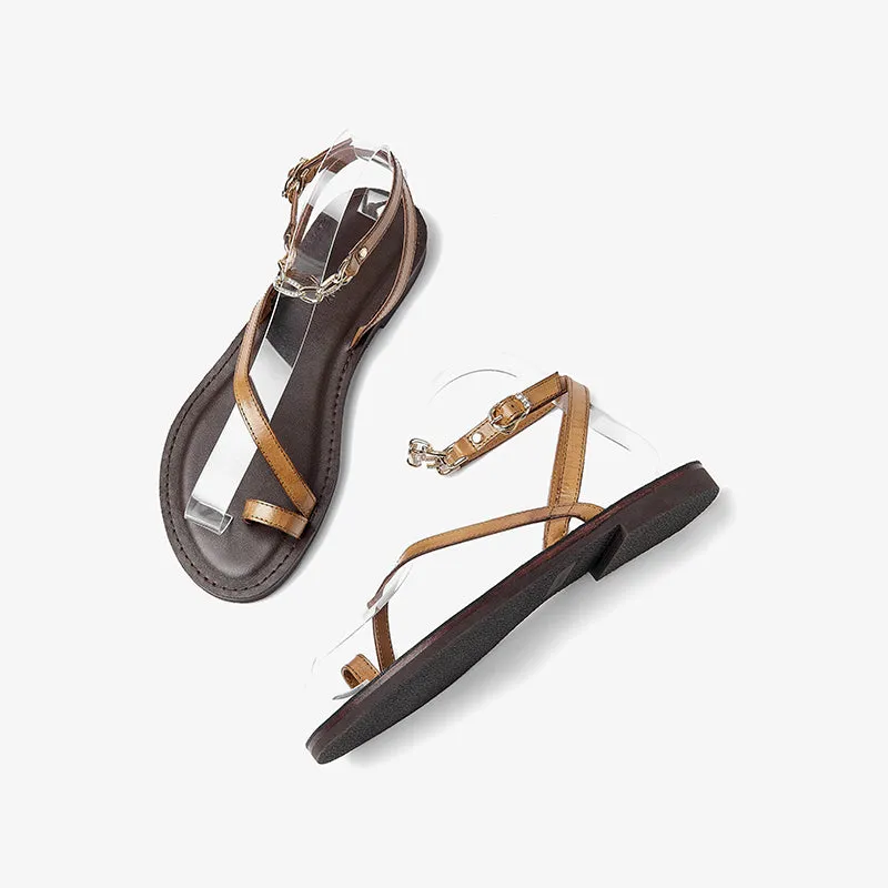BeauToday Women's Leather Clip Toe One Strap Sandals with Chain Ankle Strap