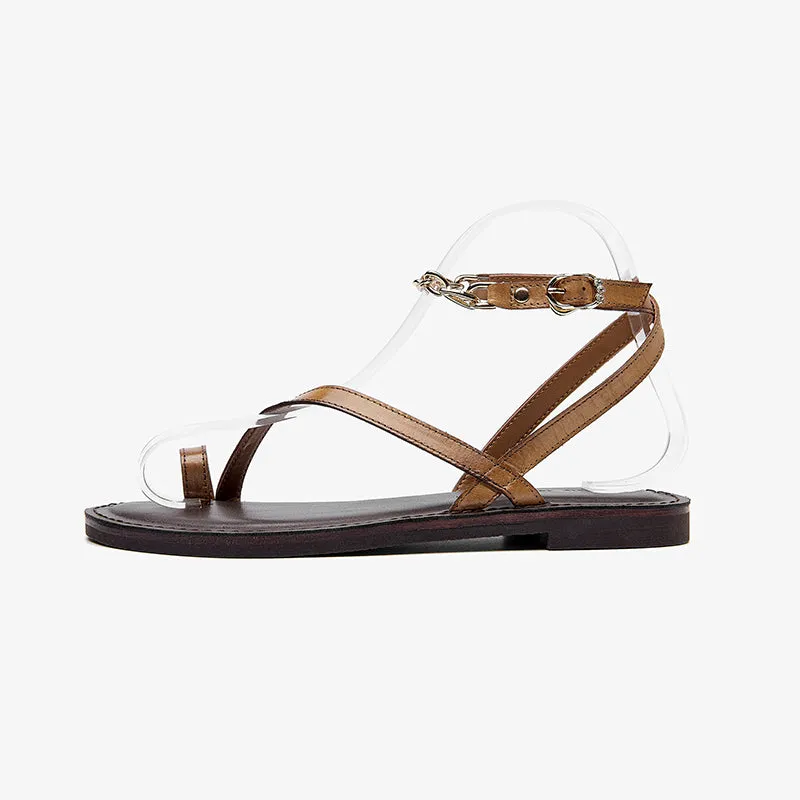 BeauToday Women's Leather Clip Toe One Strap Sandals with Chain Ankle Strap