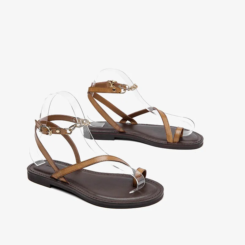 BeauToday Women's Leather Clip Toe One Strap Sandals with Chain Ankle Strap