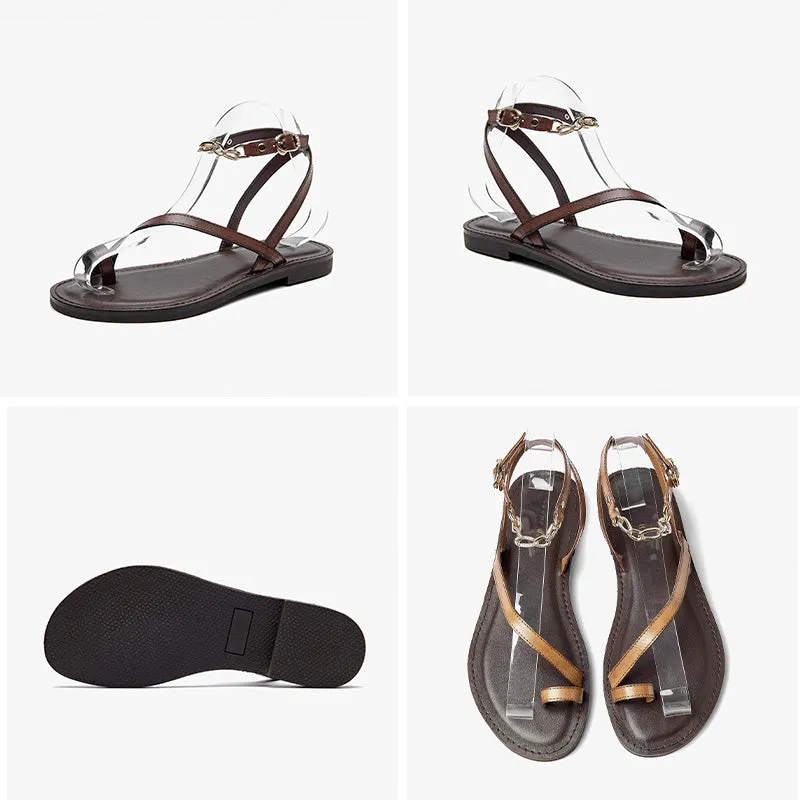 BeauToday Women's Leather Clip Toe One Strap Sandals with Chain Ankle Strap