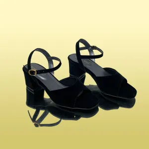 Black Velvet Block Heel Sandals