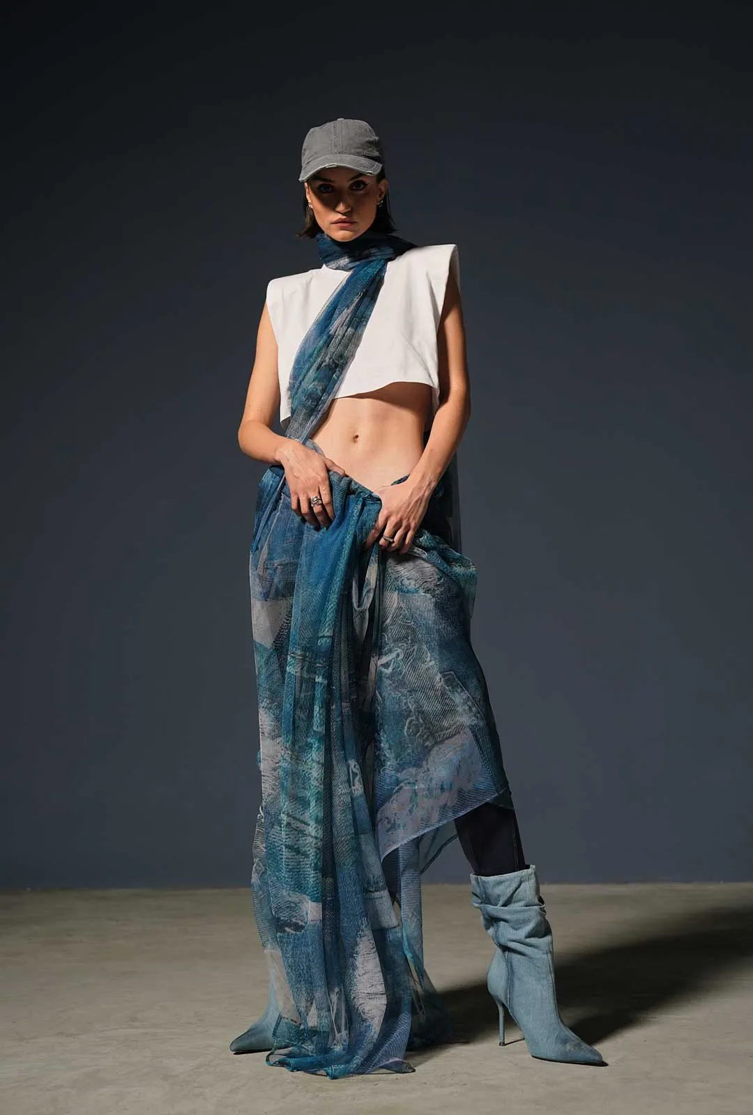 Blue Denim Print Saree crop top