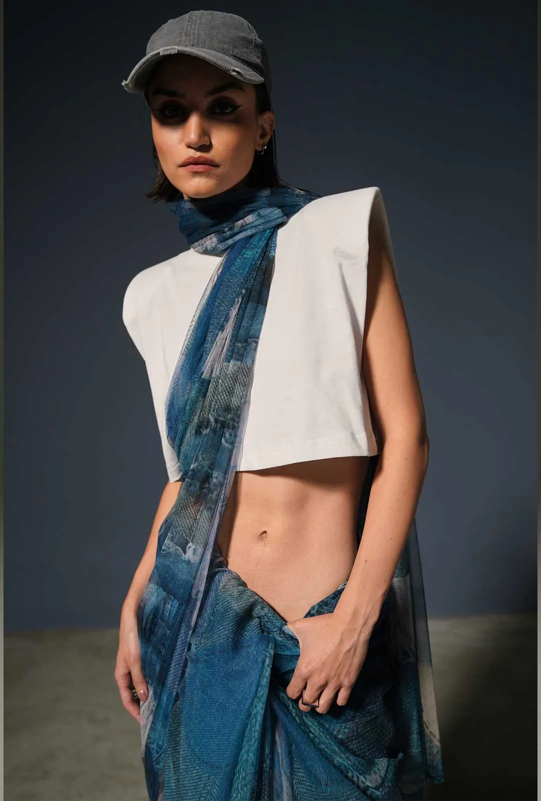 Blue Denim Print Saree crop top