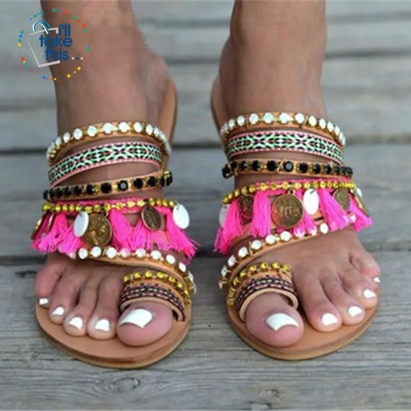 Bohemian Beach Sandals, Flip Flops with gorgeous Fringe Roman Crystals Summer in Lavender