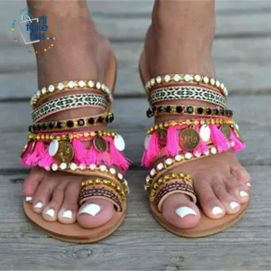 Bohemian Beach Sandals, Flip Flops with gorgeous Fringe Roman Crystals Summer in Lavender