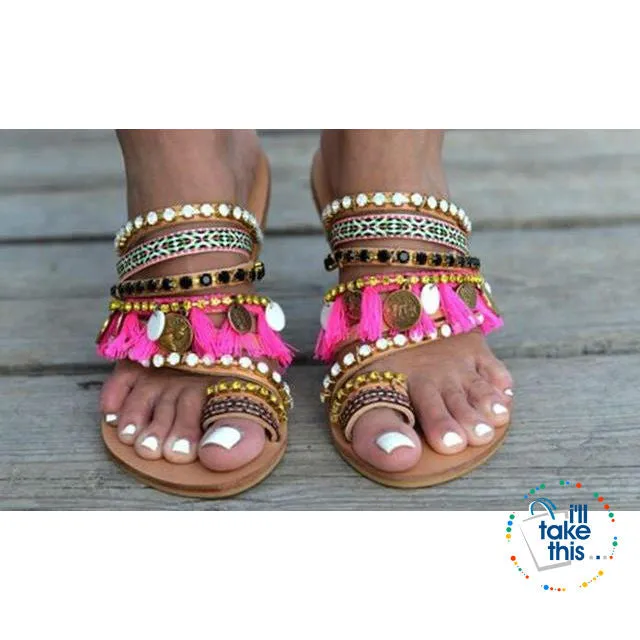 Bohemian Beach Sandals, Flip Flops with gorgeous Fringe Roman Crystals Summer in Lavender