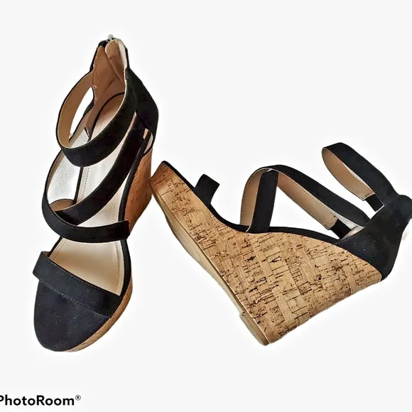 Charles David Alexa Black Microsuede Fashion Wedge High Heel Ankle Strap Sandals