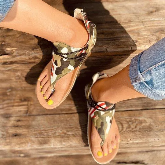 Chicvane Camo Green Retro Zipper T-strap Thong Sandals