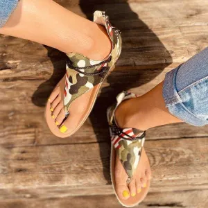 Chicvane Camo Green Retro Zipper T-strap Thong Sandals