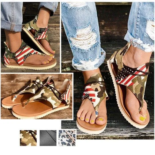 Chicvane Camo Green Retro Zipper T-strap Thong Sandals