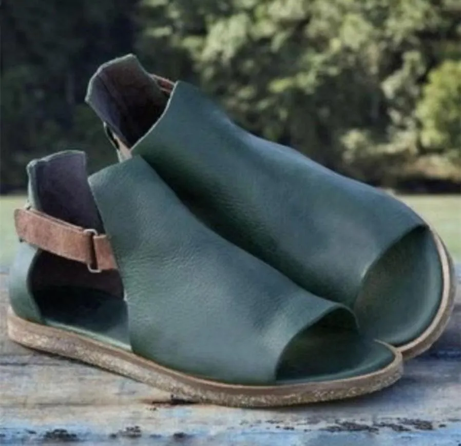 Chicvane Peep Toe Gladiator Flat Sandals with Velcro