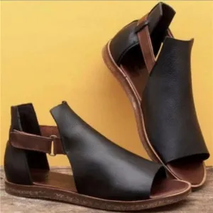 Chicvane Peep Toe Gladiator Flat Sandals with Velcro