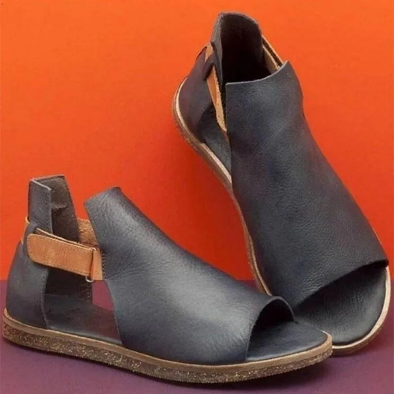 Chicvane Peep Toe Gladiator Flat Sandals with Velcro