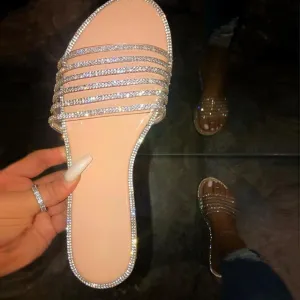 Chicvane Transparent Straps Flat Sandals with Rhinestone Slides Shoes