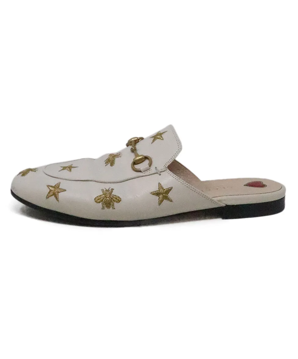 Gucci White & Gold Embroidered Mules sz 8.5