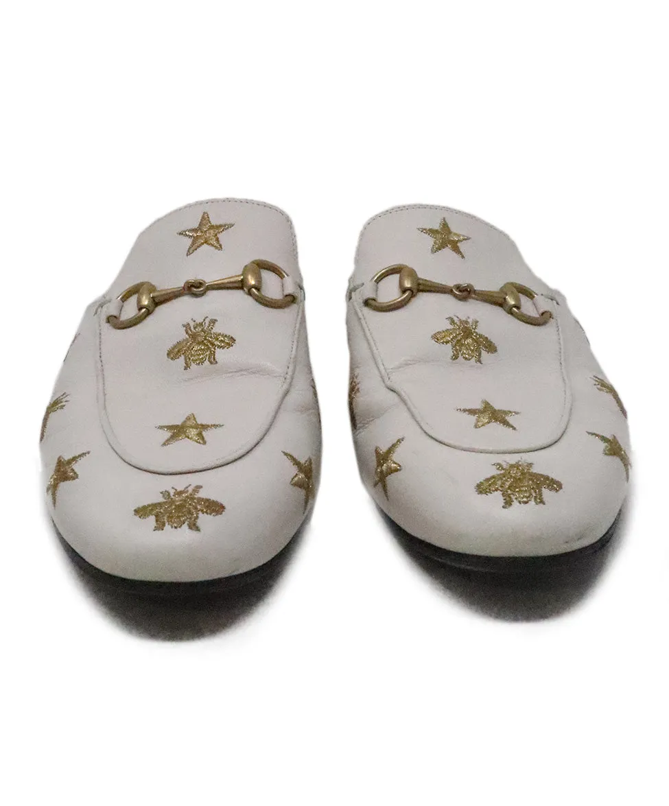 Gucci White & Gold Embroidered Mules sz 8.5