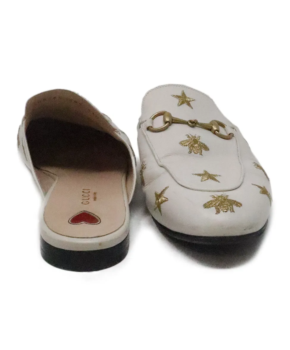 Gucci White & Gold Embroidered Mules sz 8.5