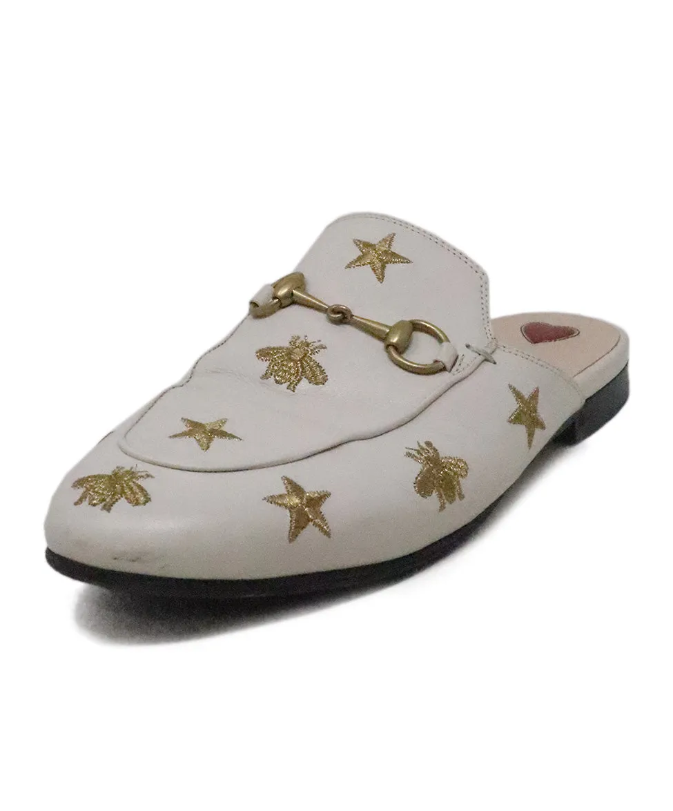 Gucci White & Gold Embroidered Mules sz 8.5