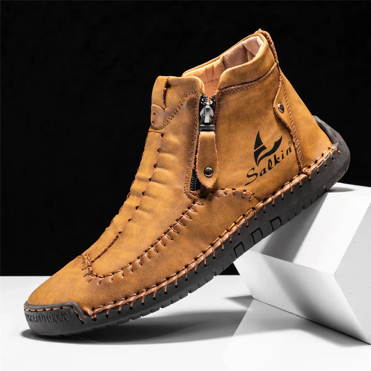 Hand-Stitched Pu Leather Ankle Boots - Stylish Casual Comfort