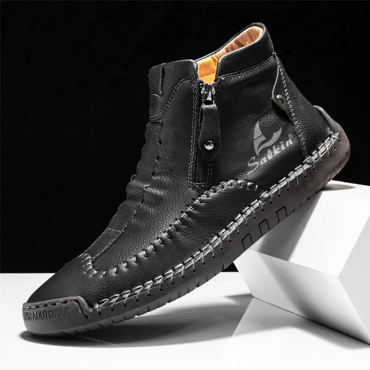 Hand-Stitched Pu Leather Ankle Boots - Stylish Casual Comfort