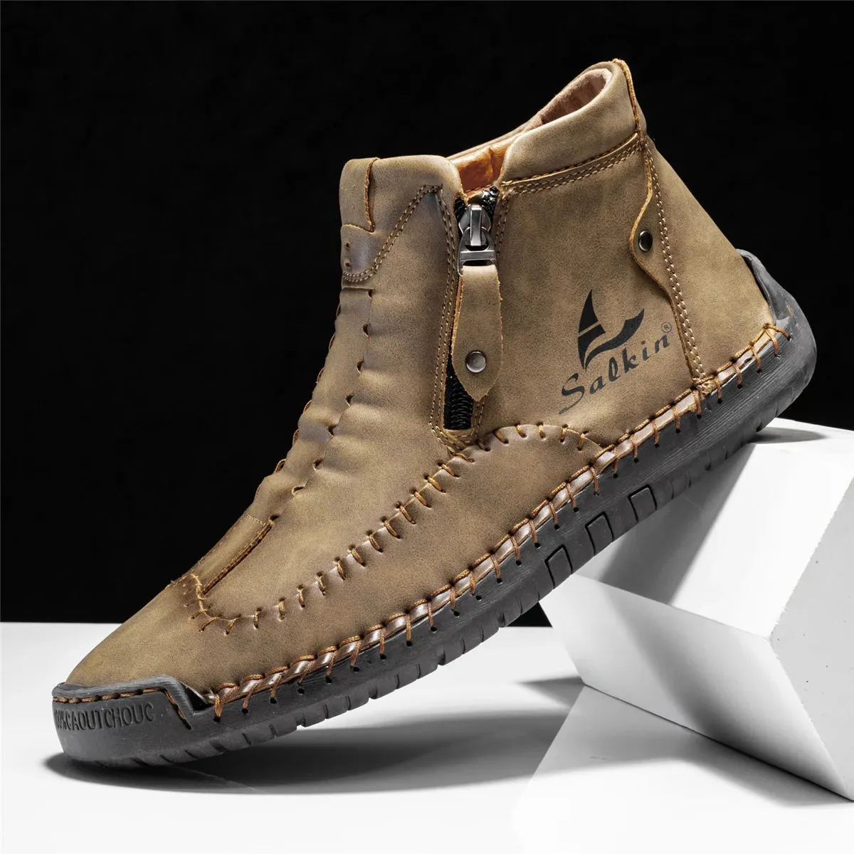 Hand-Stitched Pu Leather Ankle Boots - Stylish Casual Comfort