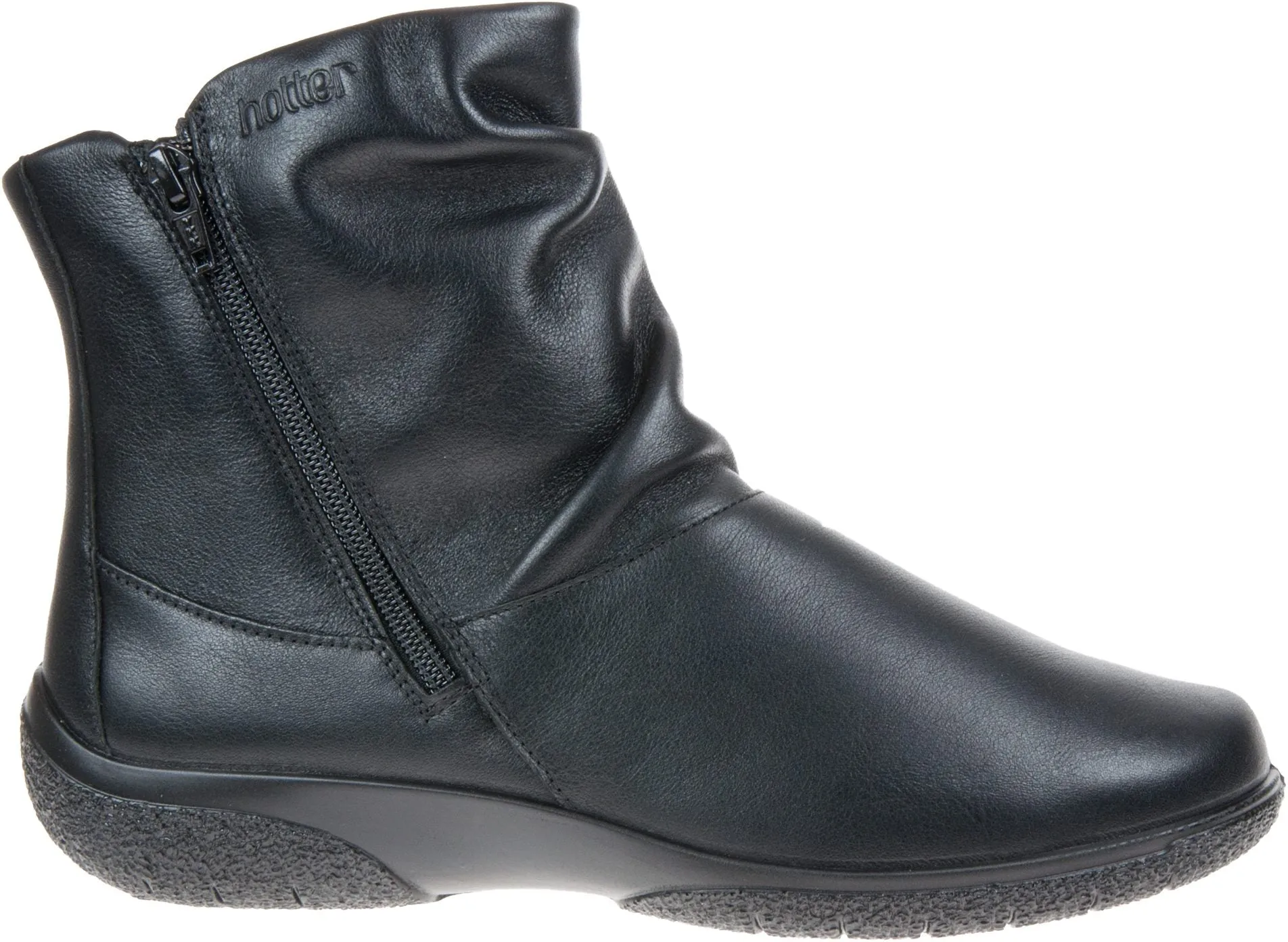 Hotter Boot WHISPER Soft Leather Flat Ankle Boot with  twin Zip Wide fitting Black