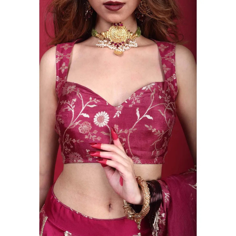 MONK & MEI Leela-Brocade Lehenga-Plum Magenta (Set of 3)