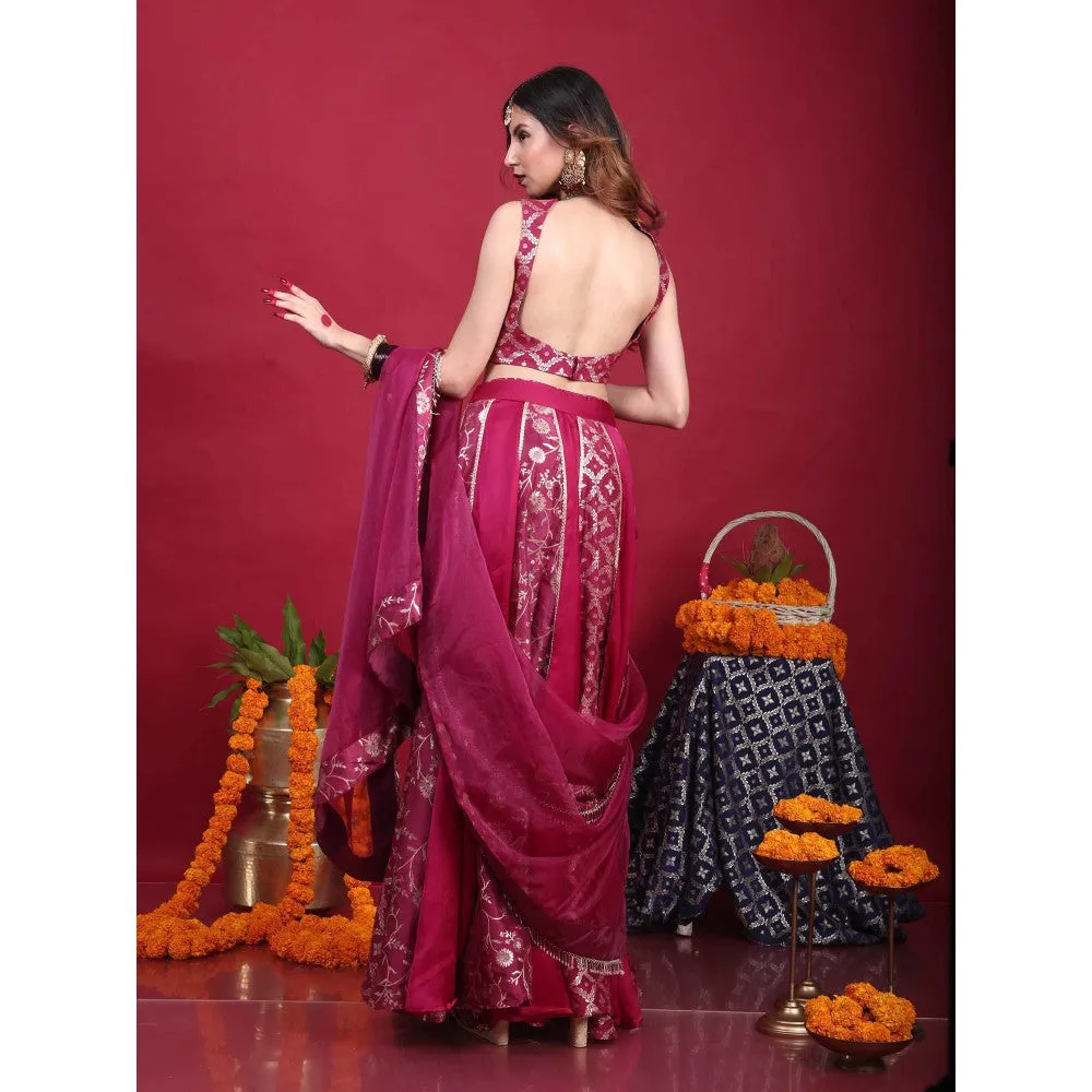 MONK & MEI Leela-Brocade Lehenga-Plum Magenta (Set of 3)