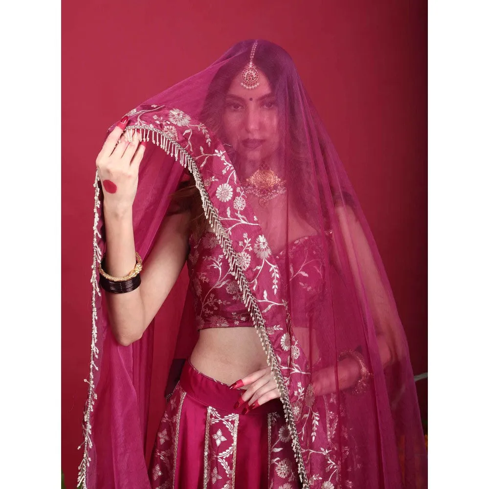 MONK & MEI Leela-Brocade Lehenga-Plum Magenta (Set of 3)