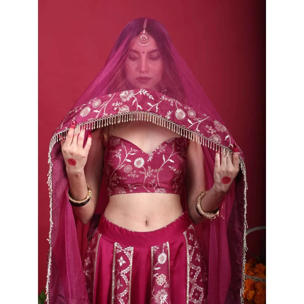 MONK & MEI Leela-Brocade Lehenga-Plum Magenta (Set of 3)