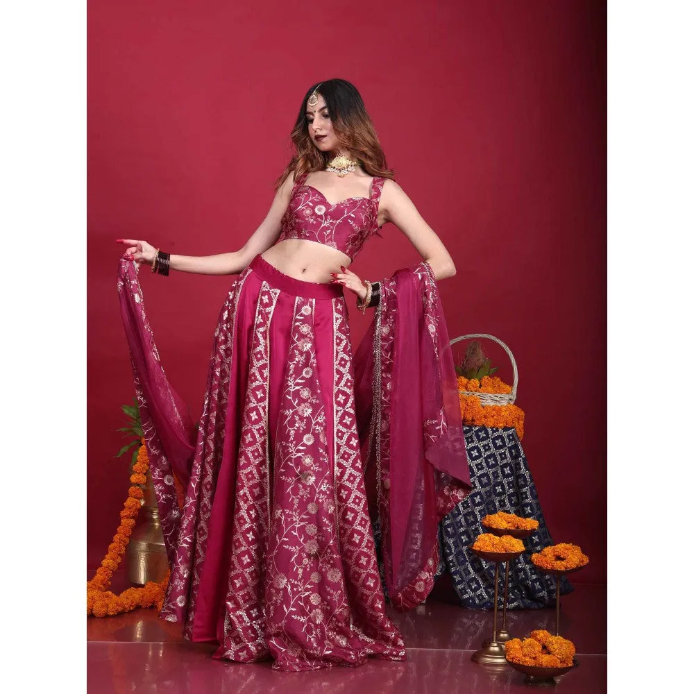 MONK & MEI Leela-Brocade Lehenga-Plum Magenta (Set of 3)