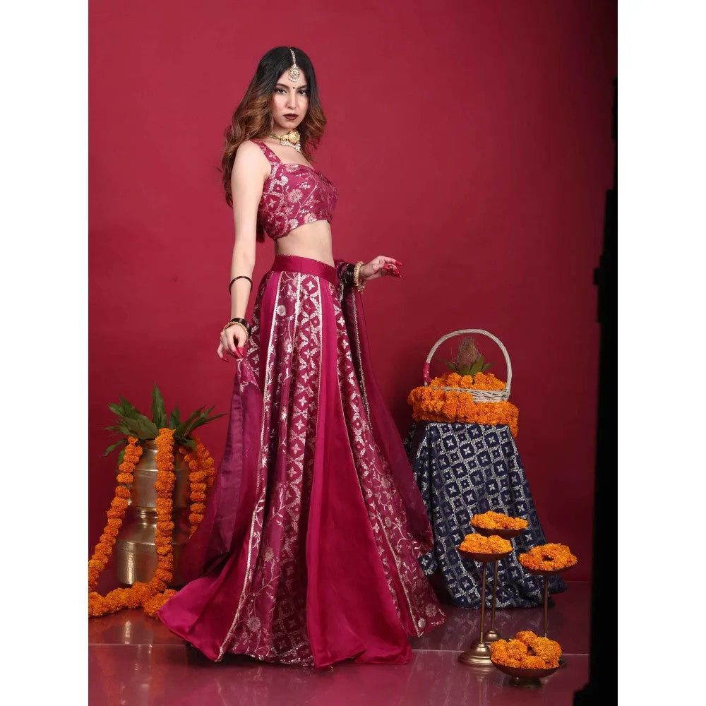 MONK & MEI Leela-Brocade Lehenga-Plum Magenta (Set of 3)