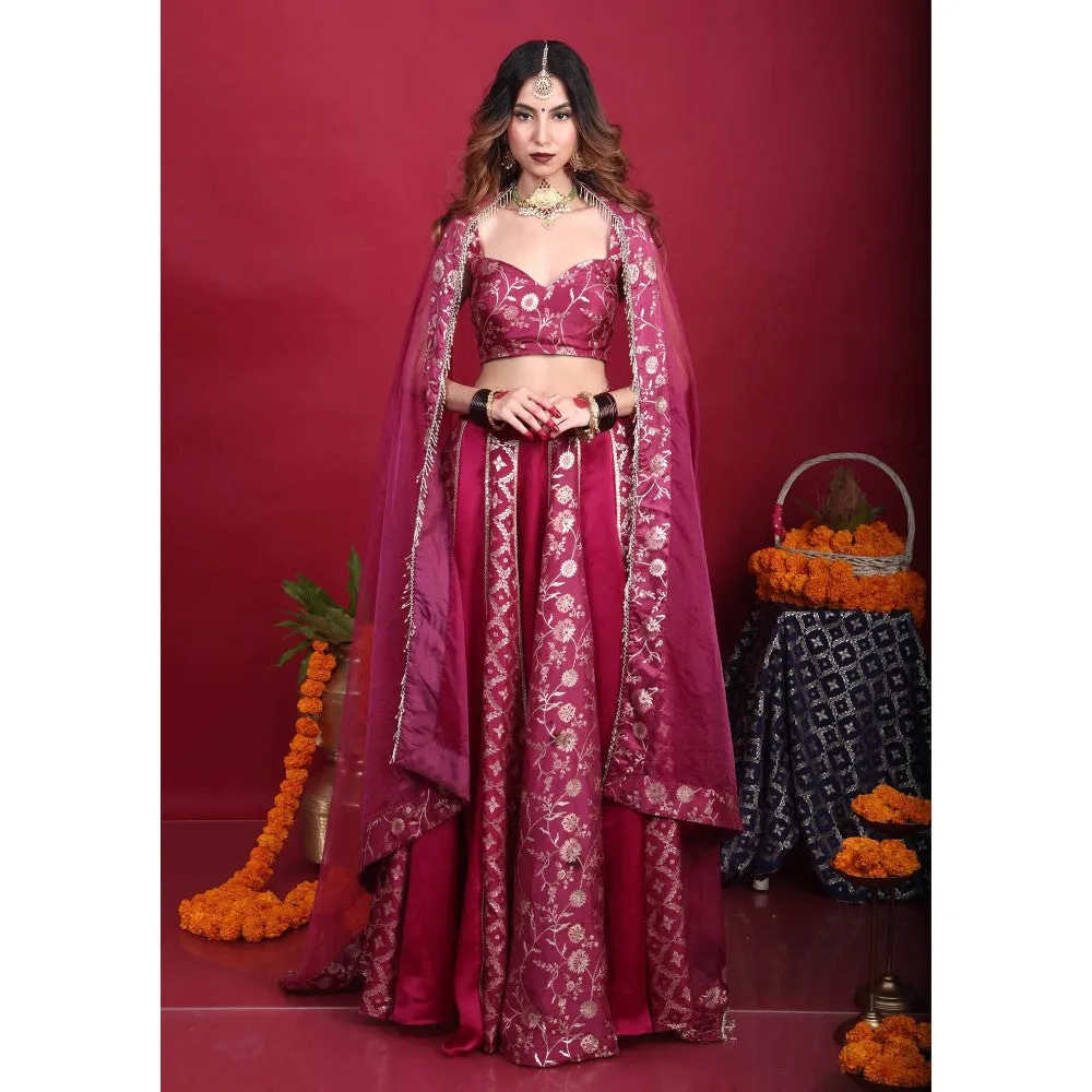 MONK & MEI Leela-Brocade Lehenga-Plum Magenta (Set of 3)