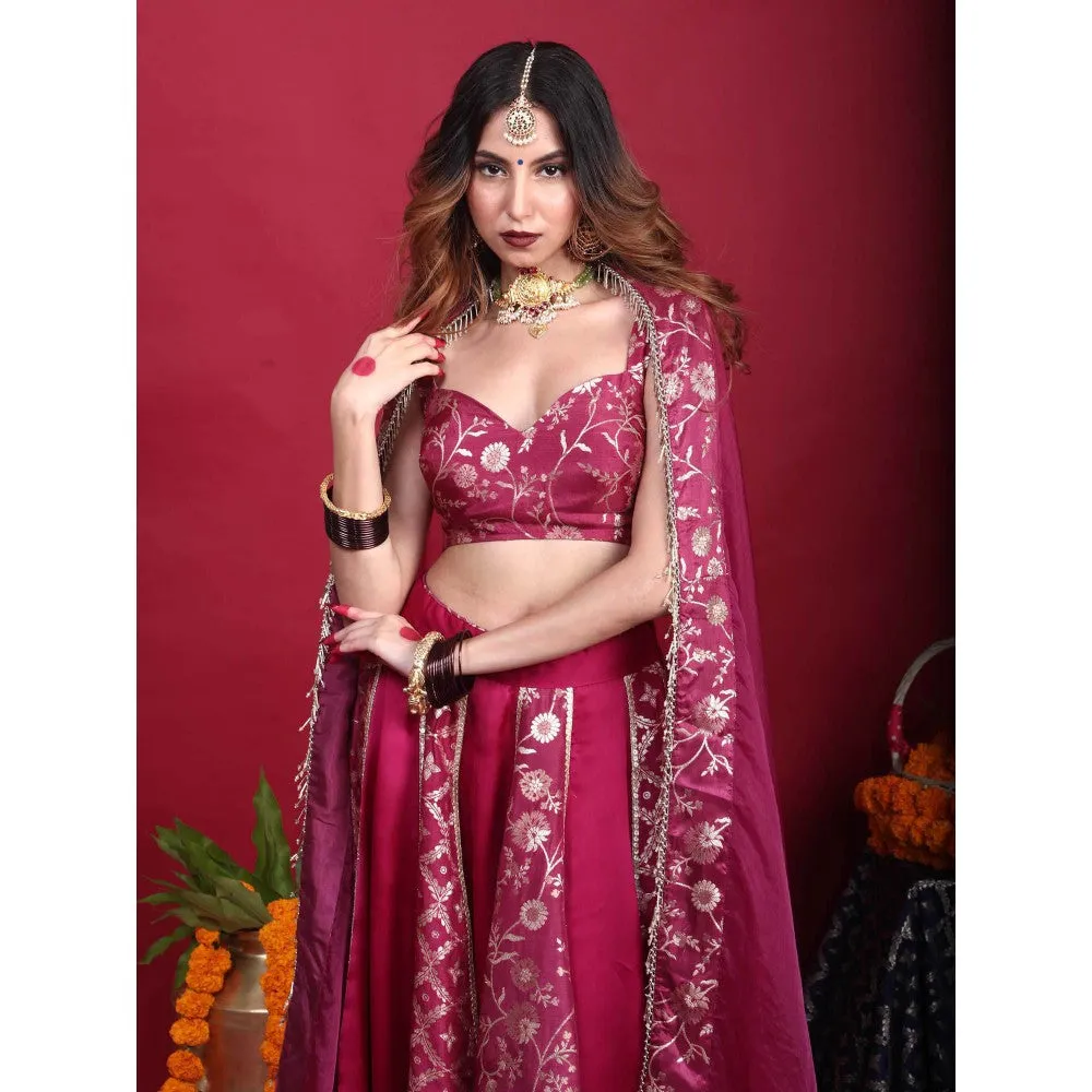 MONK & MEI Leela-Brocade Lehenga-Plum Magenta (Set of 3)