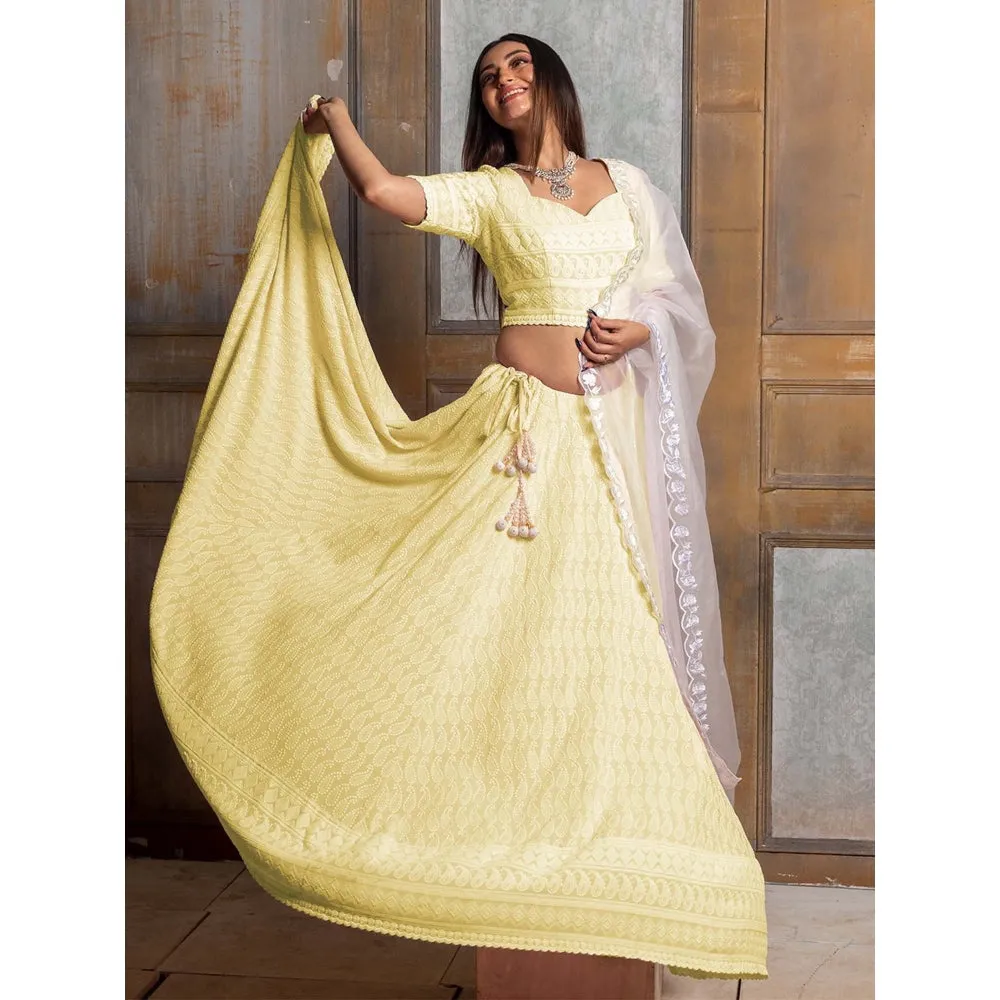 MONK & MEI Mallika Yellow Embroidered Lehenga (Set of 3)