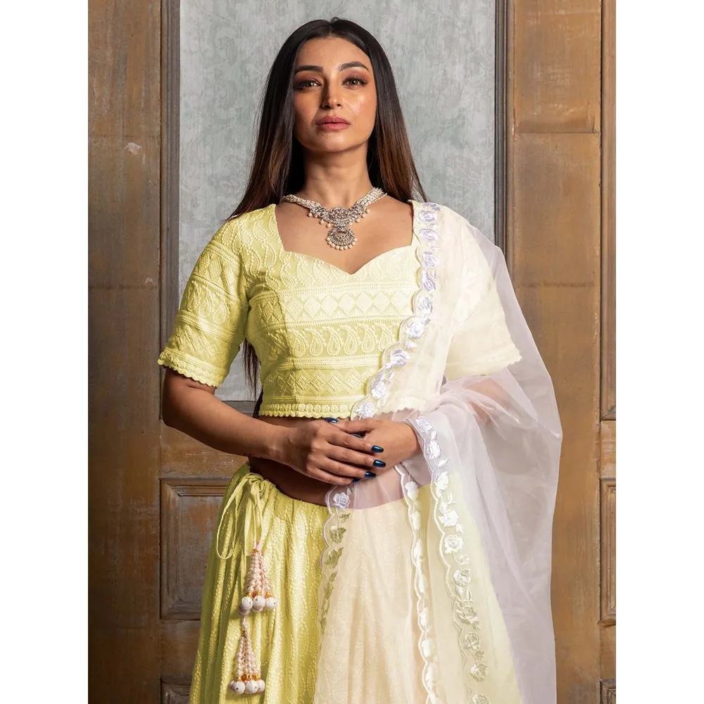 MONK & MEI Mallika Yellow Embroidered Lehenga (Set of 3)