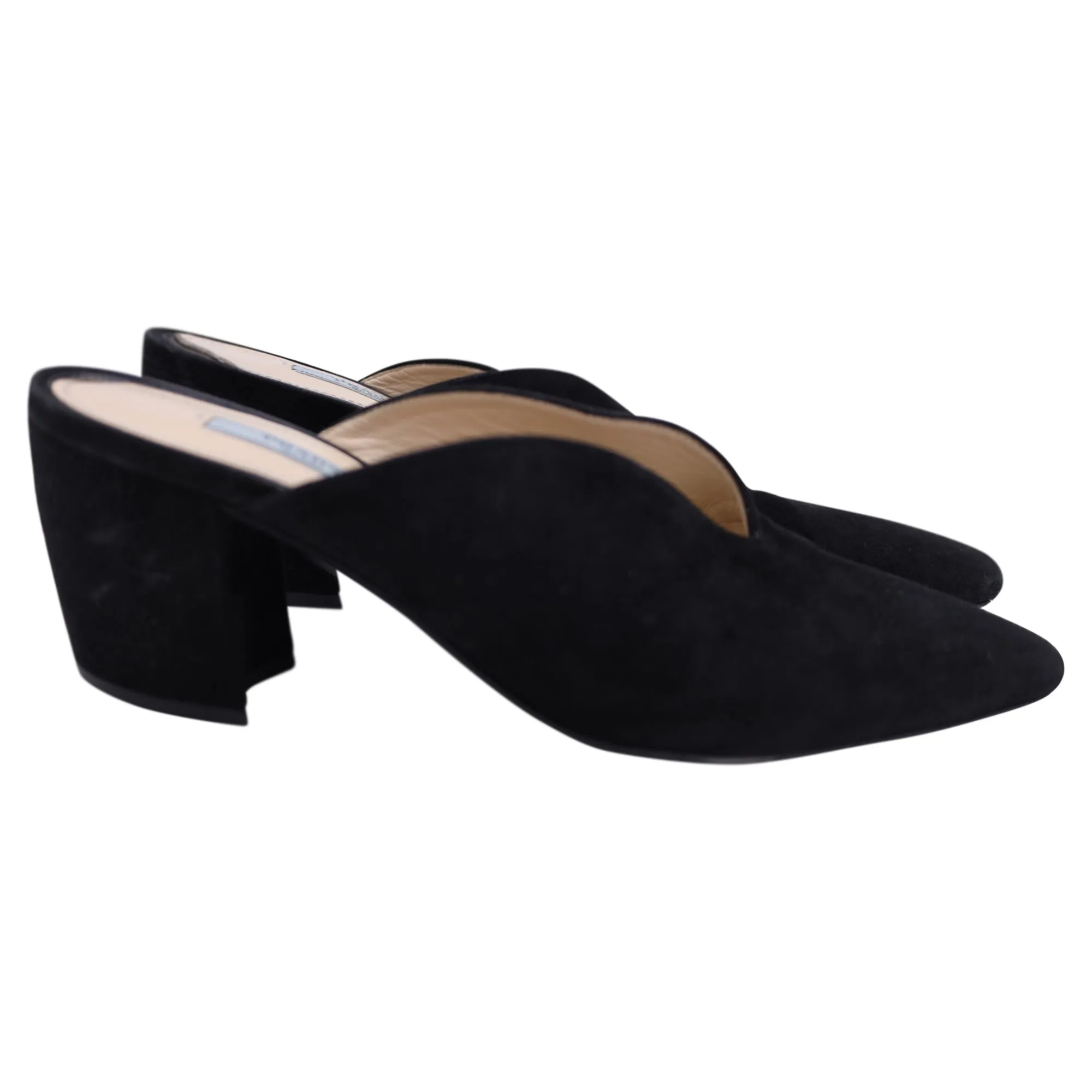Prada Block Heel Pointed Toe Mules in Black Suede