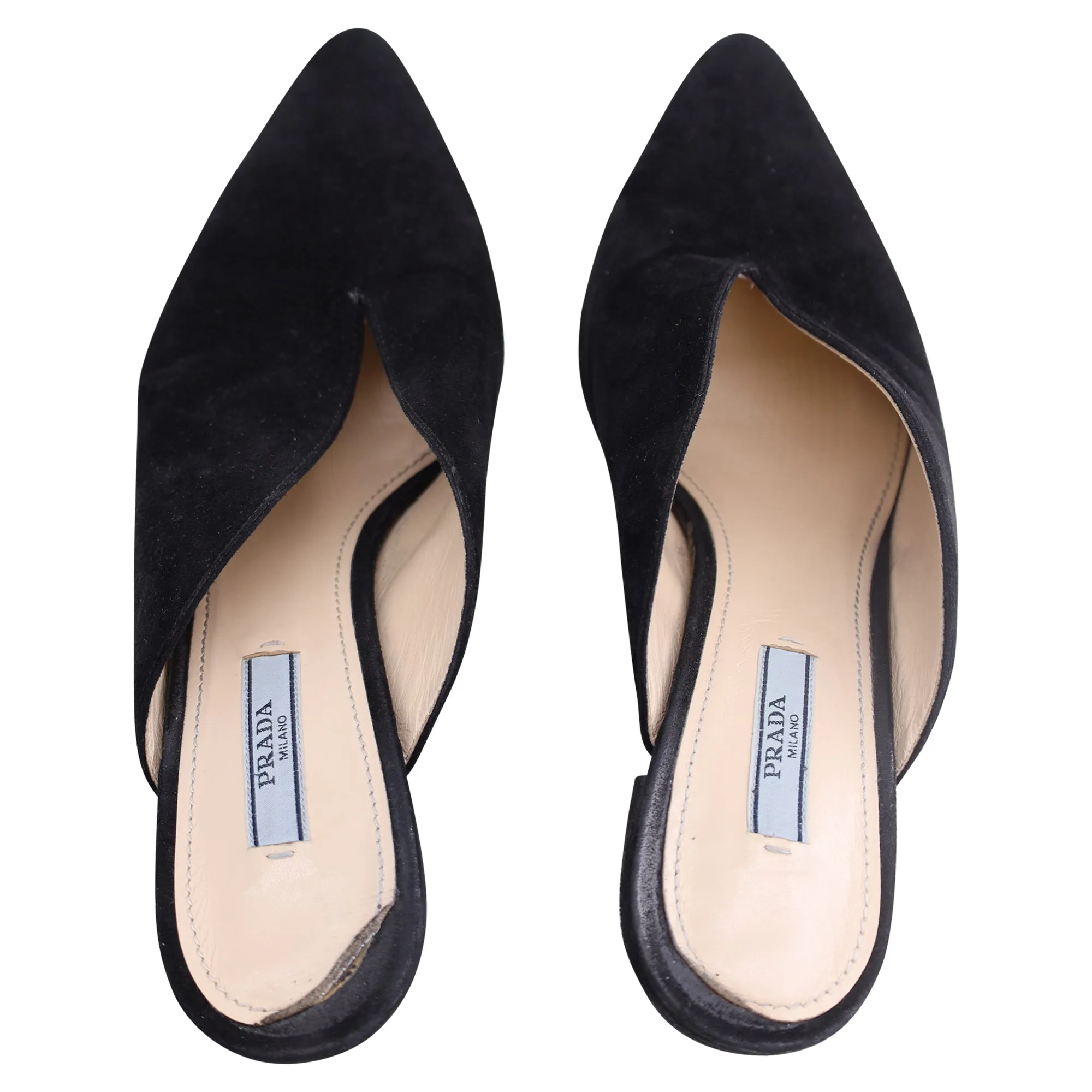 Prada Block Heel Pointed Toe Mules in Black Suede