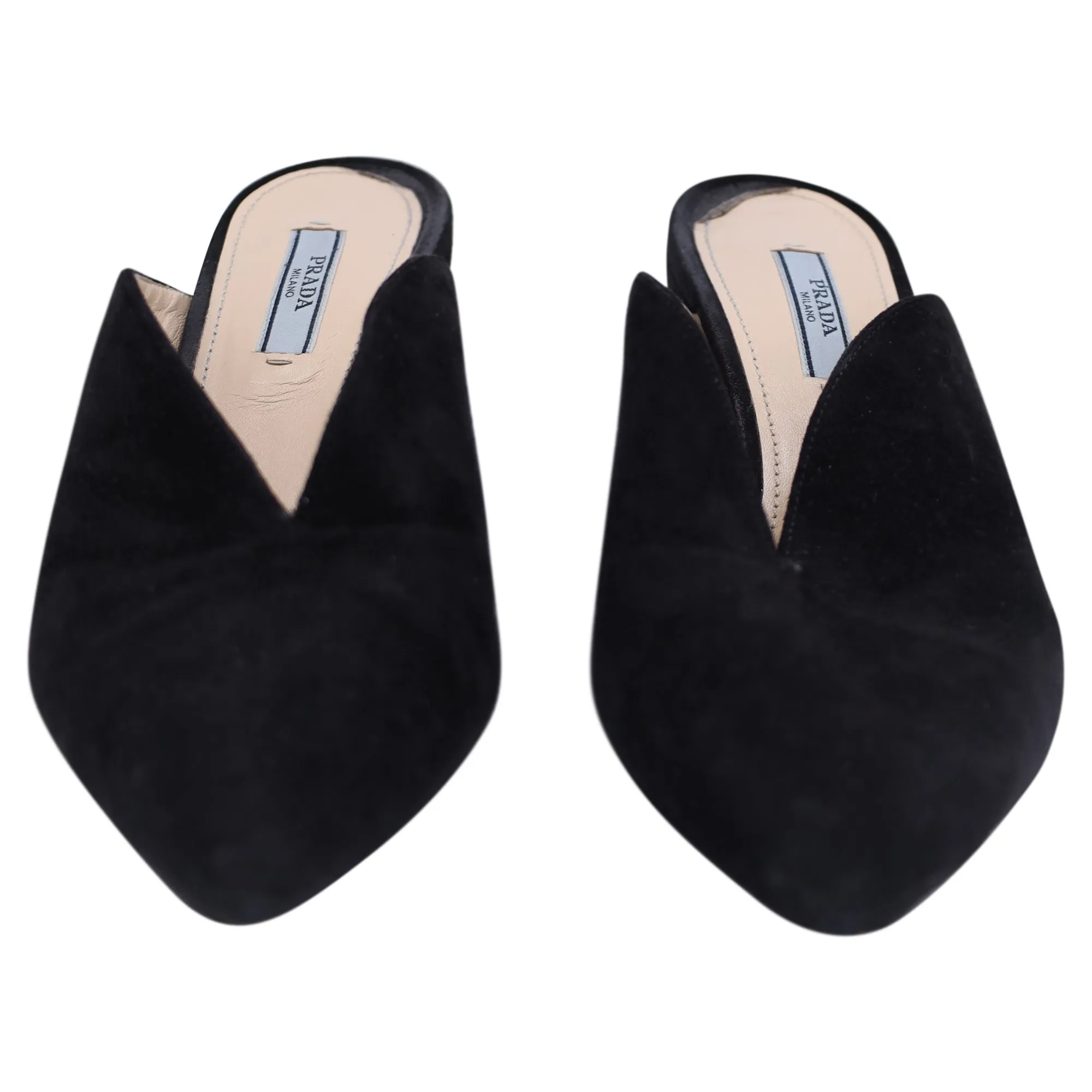 Prada Block Heel Pointed Toe Mules in Black Suede