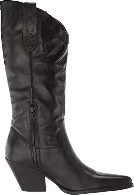 Sam Edelman Jamie Black Leather Cowgirl Pointed Toe Block Heel Western Boots