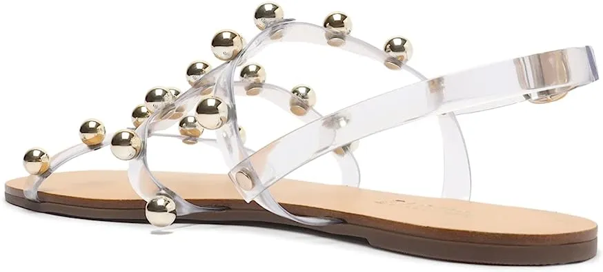 Schutz Yarin Clear Vinyl Metallic Studs Ankle Strap Open Toe Flat Sandals