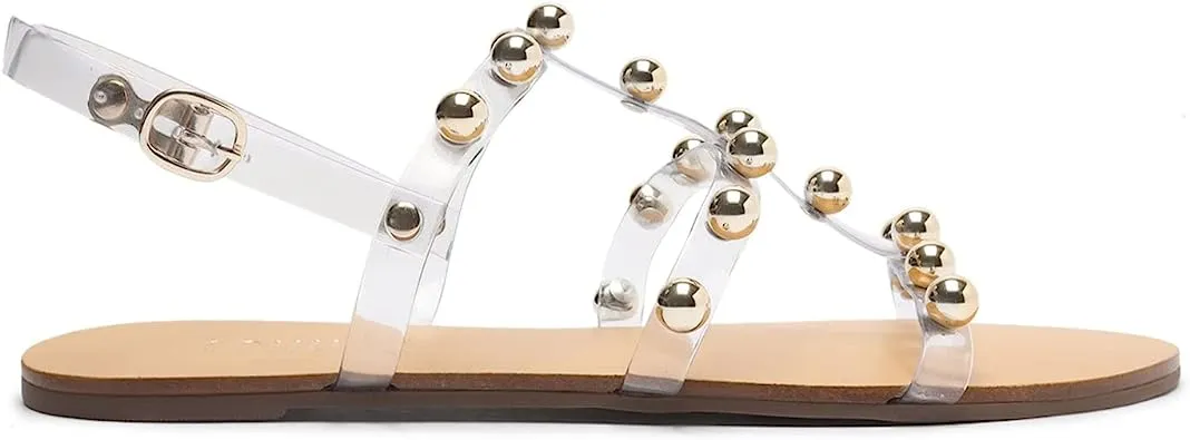 Schutz Yarin Clear Vinyl Metallic Studs Ankle Strap Open Toe Flat Sandals