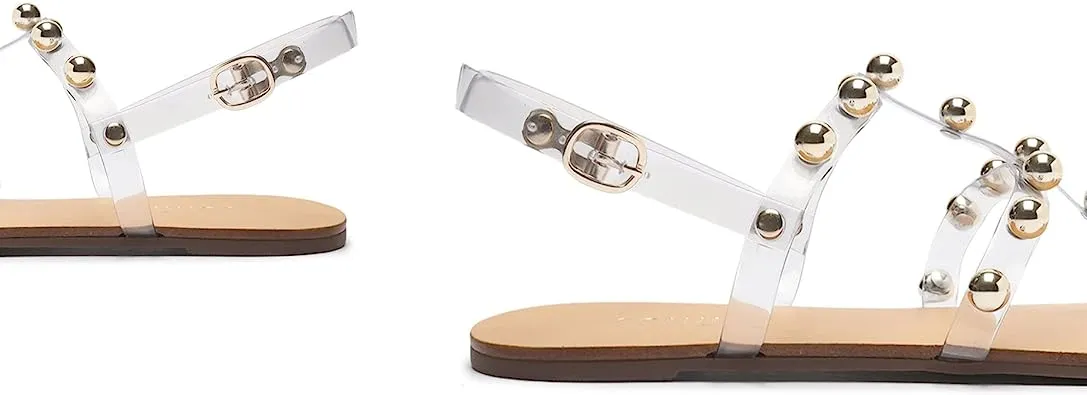 Schutz Yarin Clear Vinyl Metallic Studs Ankle Strap Open Toe Flat Sandals